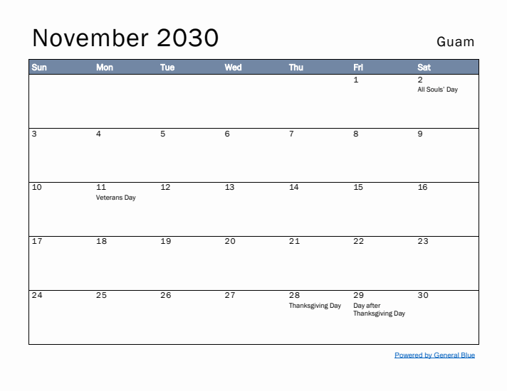 November 2030 Simple Monthly Calendar for Guam