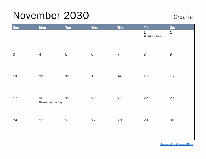 November 2030 Simple Monthly Calendar for Croatia