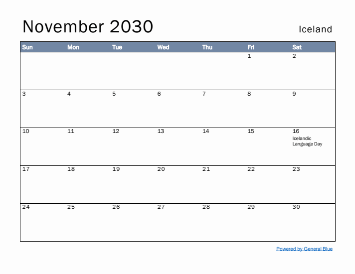 November 2030 Simple Monthly Calendar for Iceland