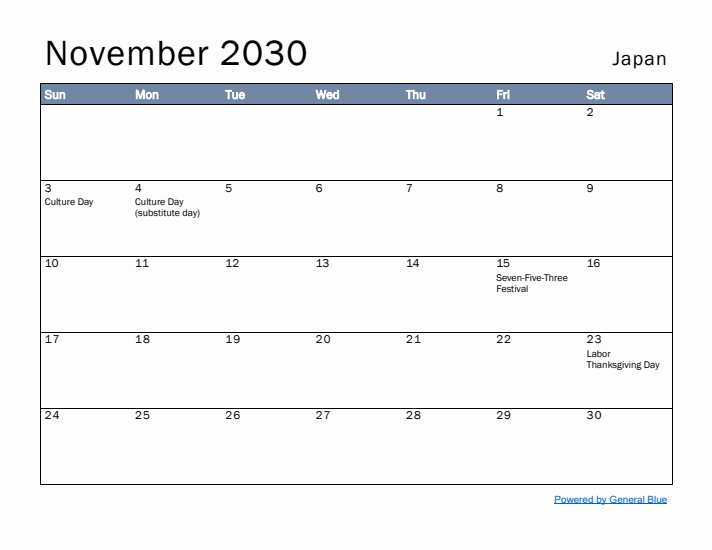 November 2030 Simple Monthly Calendar for Japan