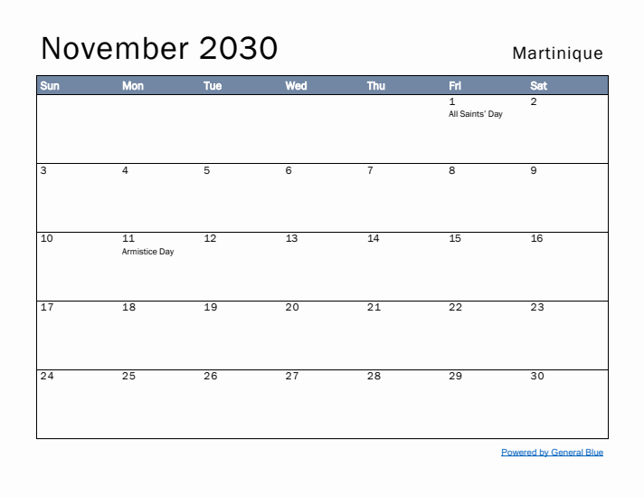 November 2030 Simple Monthly Calendar for Martinique