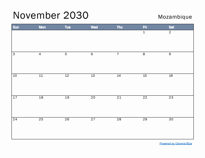 November 2030 Simple Monthly Calendar for Mozambique