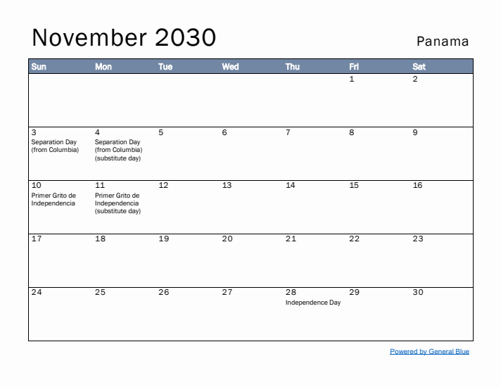 November 2030 Simple Monthly Calendar for Panama