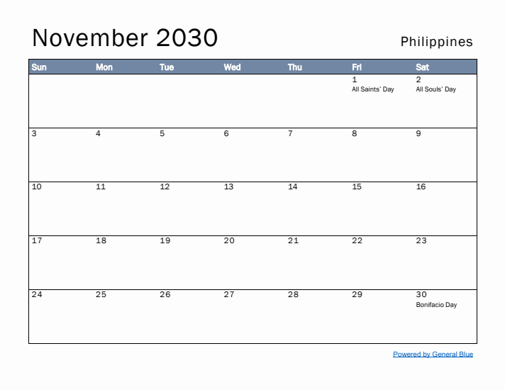 November 2030 Simple Monthly Calendar for Philippines