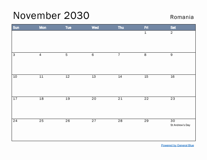 November 2030 Simple Monthly Calendar for Romania