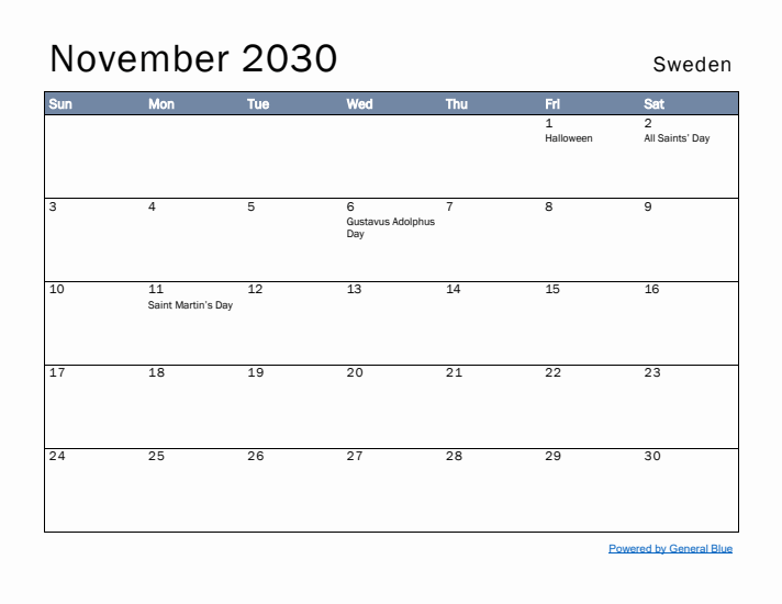 November 2030 Simple Monthly Calendar for Sweden