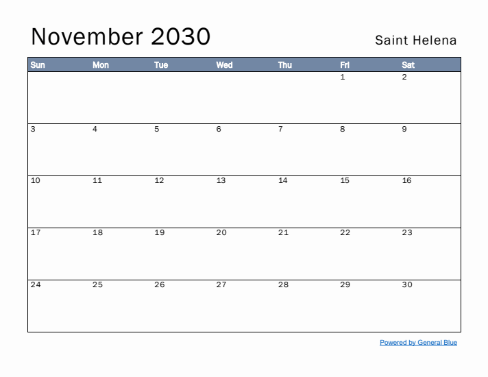 November 2030 Simple Monthly Calendar for Saint Helena