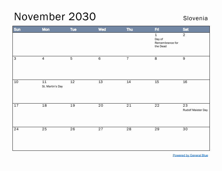 November 2030 Simple Monthly Calendar for Slovenia