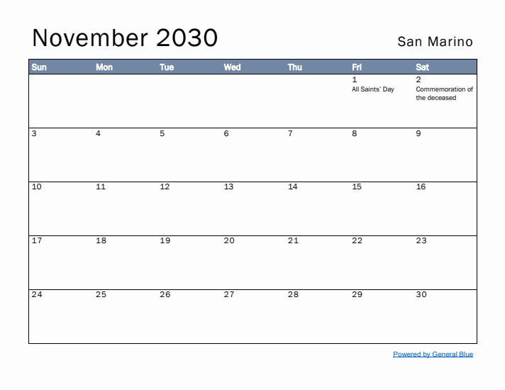 November 2030 Simple Monthly Calendar for San Marino