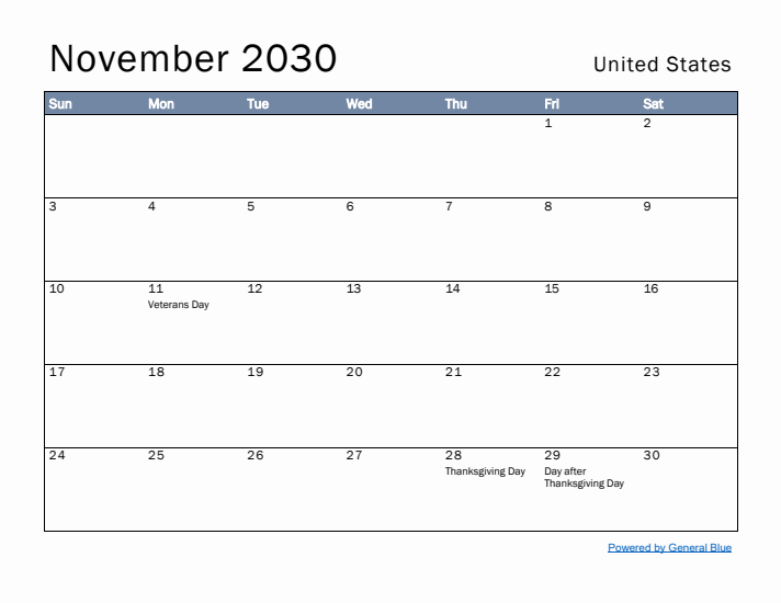 November 2030 Simple Monthly Calendar for United States