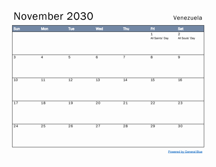 November 2030 Simple Monthly Calendar for Venezuela