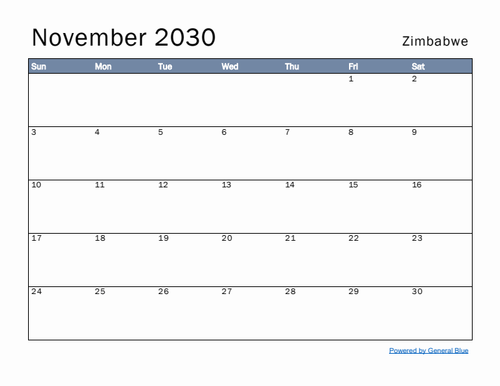 November 2030 Simple Monthly Calendar for Zimbabwe