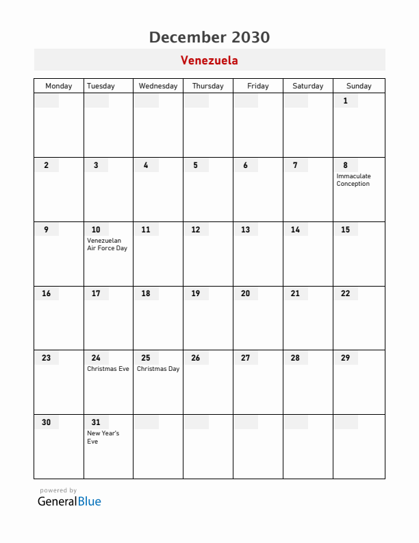 Venezuela December 2030 Calendar with Holidays