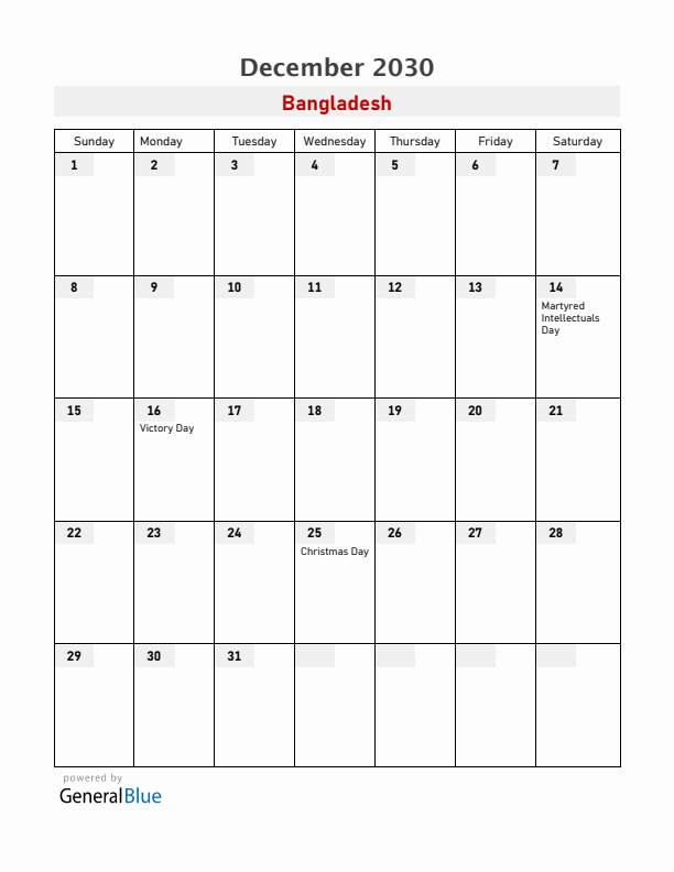 Bangladesh December 2030 Calendar with Holidays
