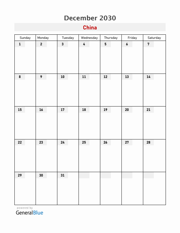 China December 2030 Calendar with Holidays