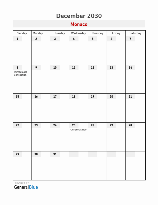 Monaco December 2030 Calendar with Holidays