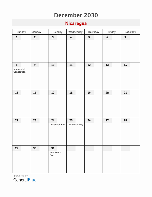 Nicaragua December 2030 Calendar with Holidays