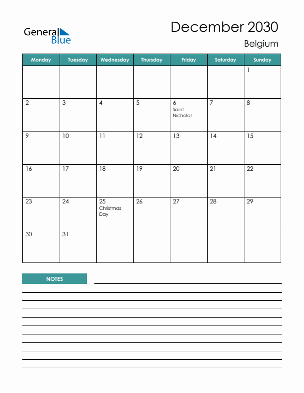 Calendar with Notes Printable - Monday Start