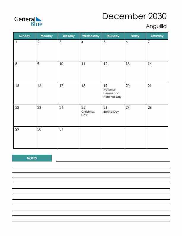 Calendar with Notes Printable - Sunday Start