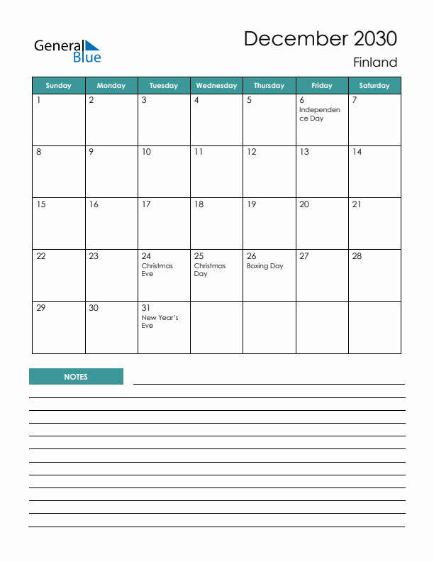 Calendar with Notes Printable - Sunday Start