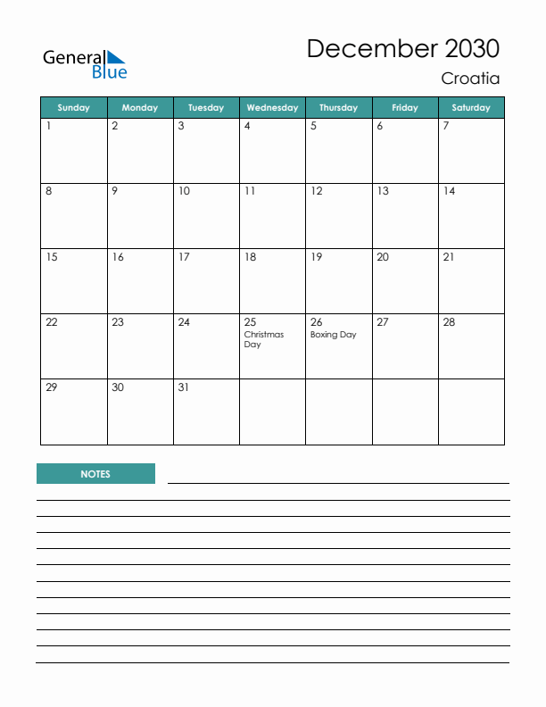 Calendar with Notes Printable - Sunday Start