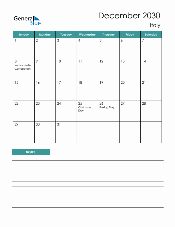 Calendar with Notes Printable - Sunday Start