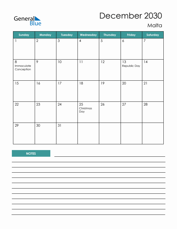 Calendar with Notes Printable - Sunday Start