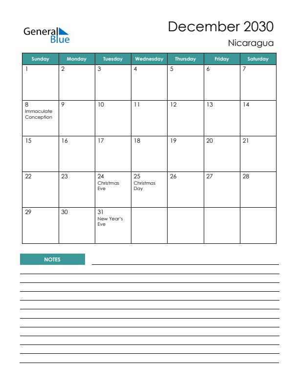 Calendar with Notes Printable - Sunday Start