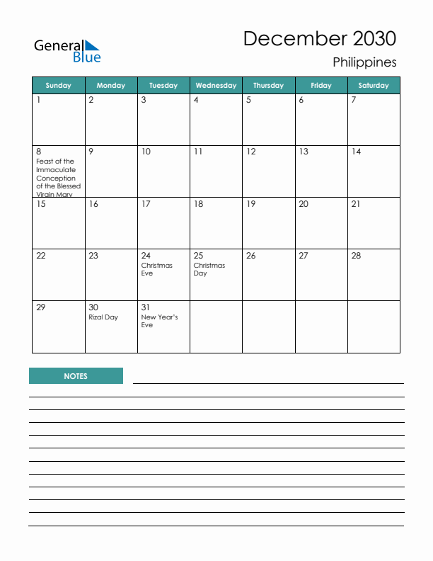 Calendar with Notes Printable - Sunday Start