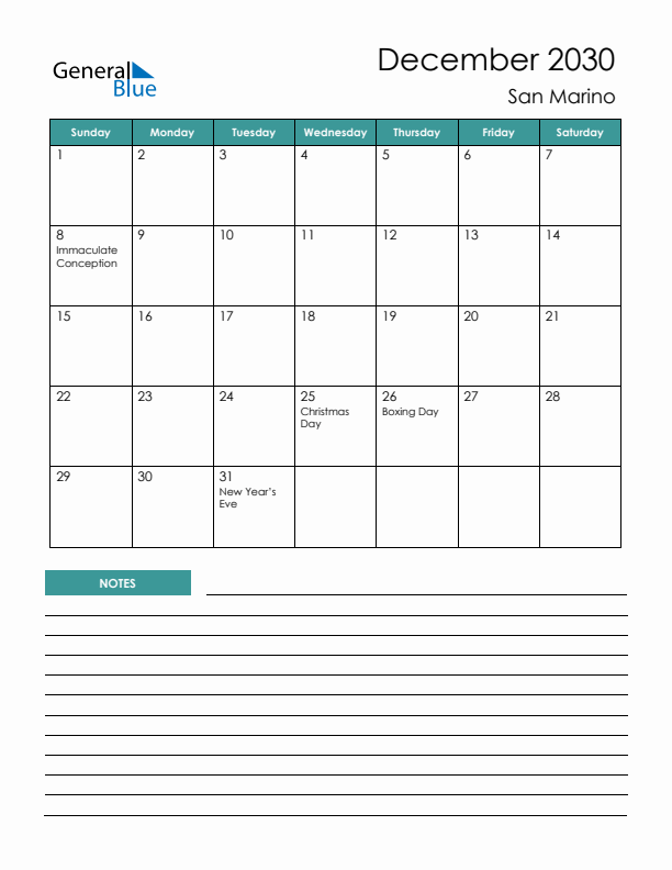 Calendar with Notes Printable - Sunday Start