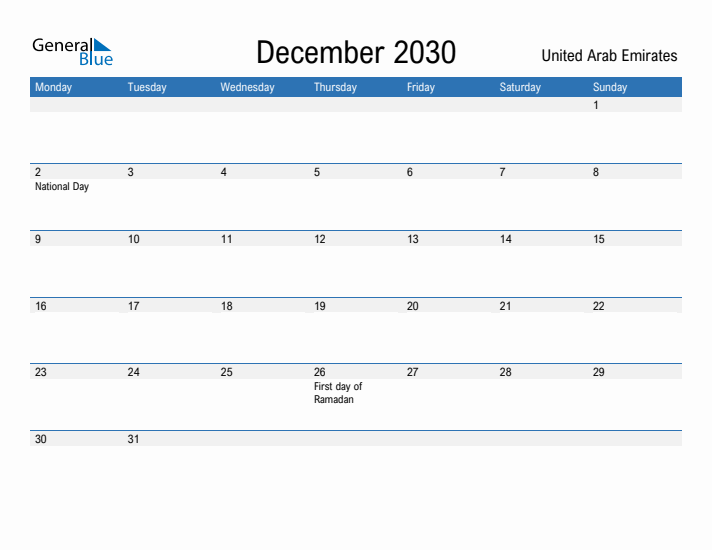 Fillable December 2030 Calendar