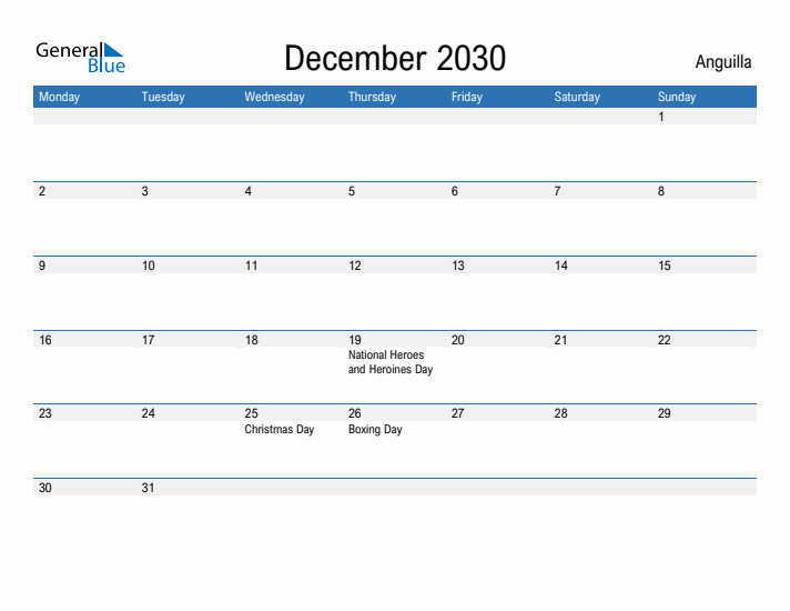 Fillable December 2030 Calendar