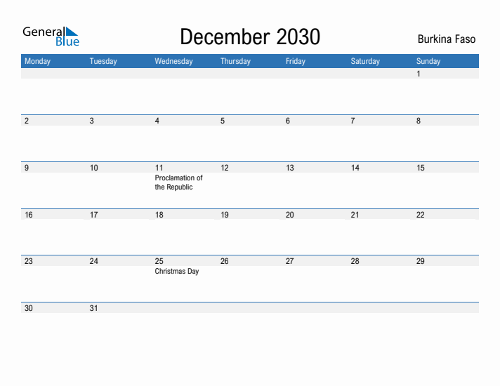 Fillable December 2030 Calendar