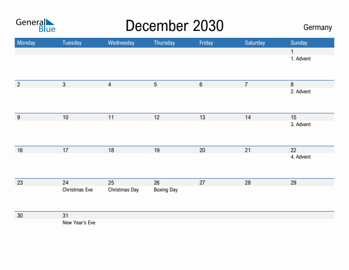 Fillable December 2030 Calendar