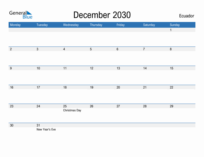 Fillable December 2030 Calendar