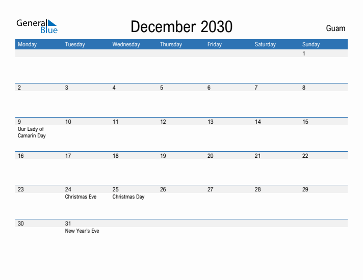 Fillable December 2030 Calendar