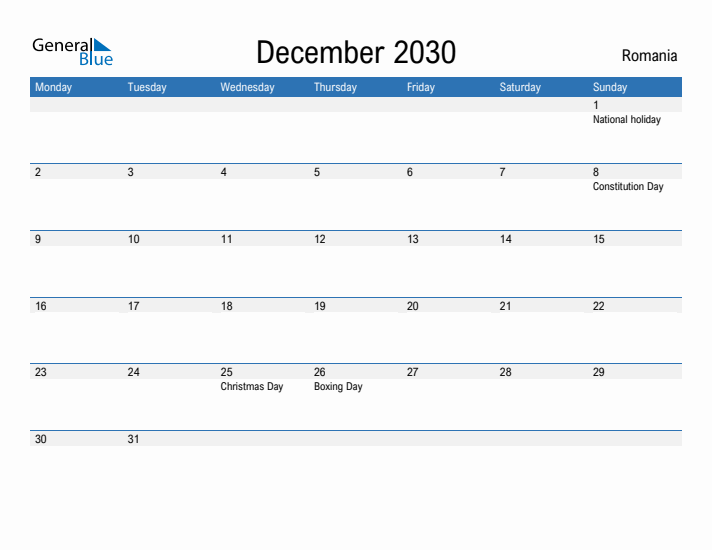 Fillable December 2030 Calendar