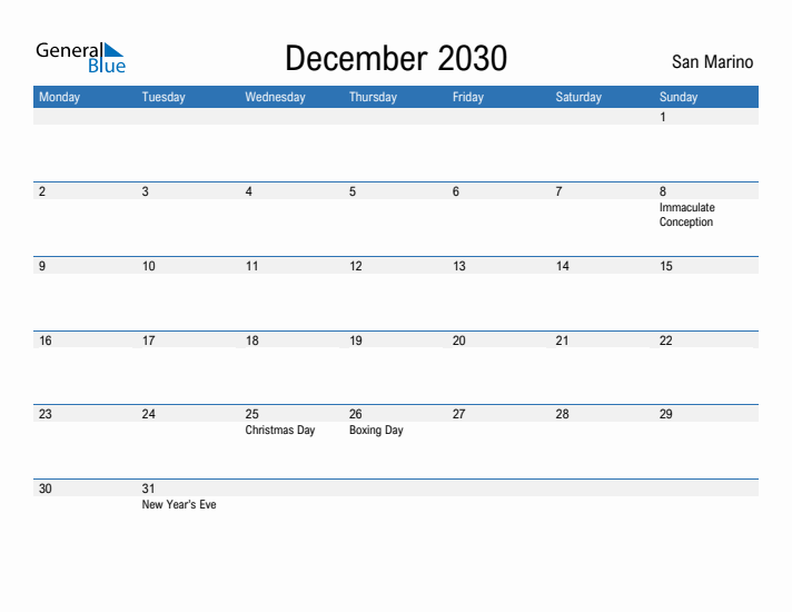 Fillable December 2030 Calendar