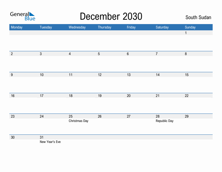 Fillable December 2030 Calendar