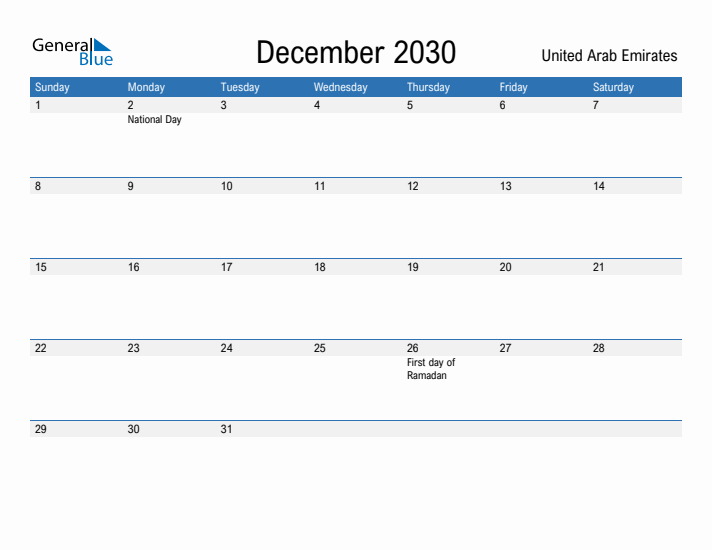 Fillable December 2030 Calendar