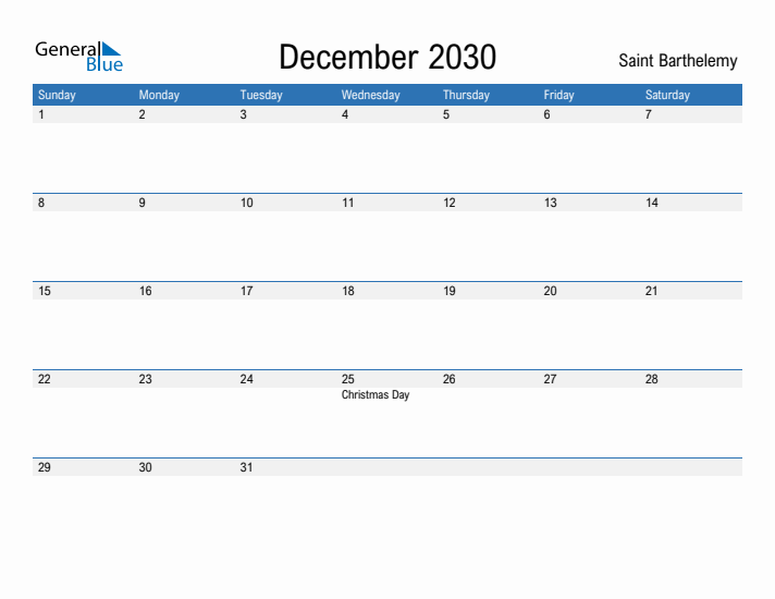 Fillable December 2030 Calendar