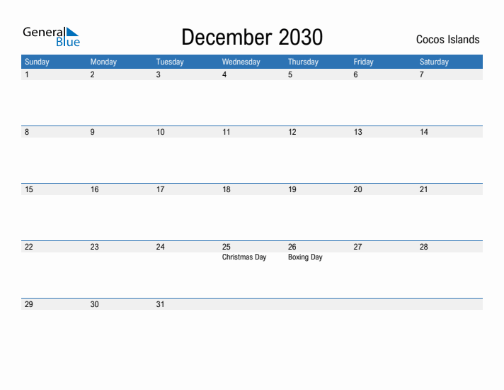 Fillable December 2030 Calendar