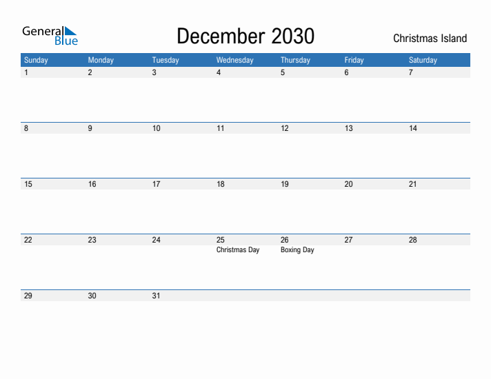 Fillable December 2030 Calendar