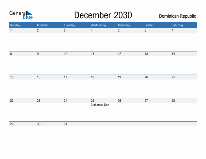 Fillable December 2030 Calendar