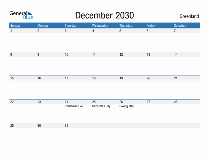 Fillable December 2030 Calendar