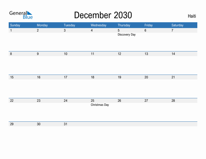 Fillable December 2030 Calendar