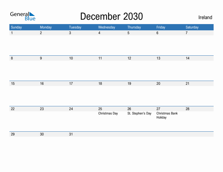 Fillable December 2030 Calendar