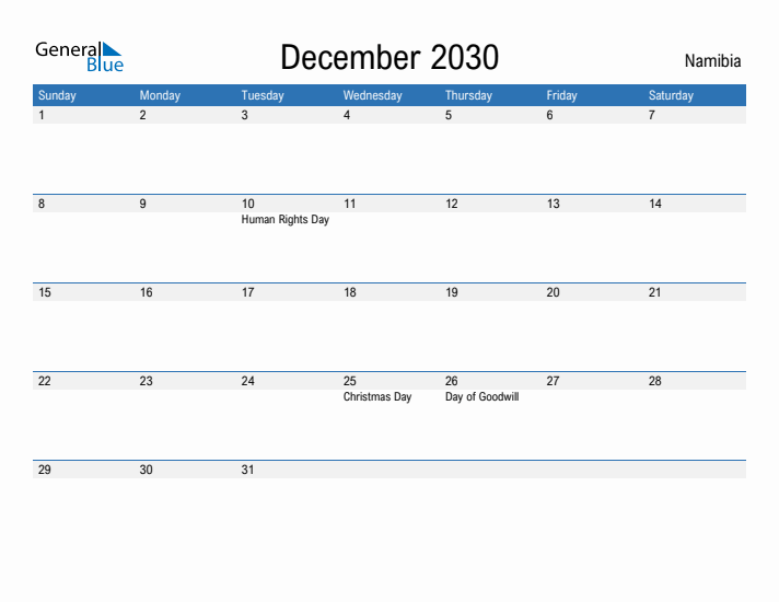 Fillable December 2030 Calendar