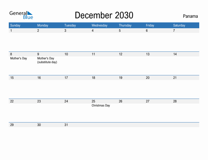 Fillable December 2030 Calendar