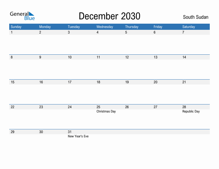 Fillable December 2030 Calendar